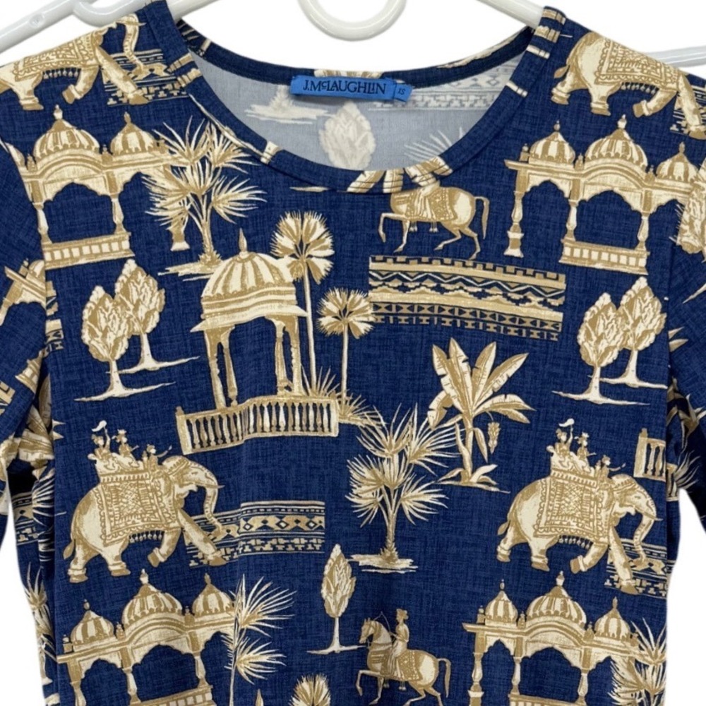 J.McLaughlin Blue Tan Elephant Architecture Novelty Print Knit Top Blouse XS
